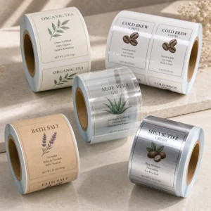 white bopp clear pet silver pet brown kraft roll labels set
