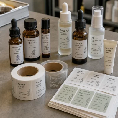 closeup skincare essential oil labels
