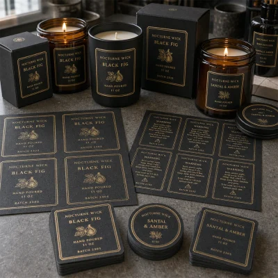 black gold foil candle labels