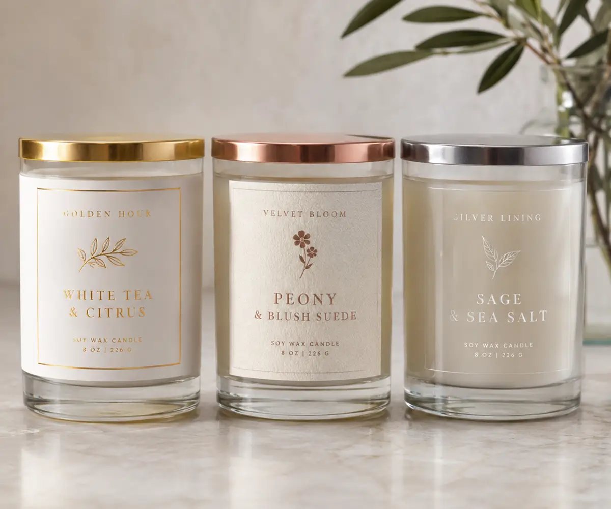 Gold foil candle jar labels on white BOPP, textured paper and clear BOPP