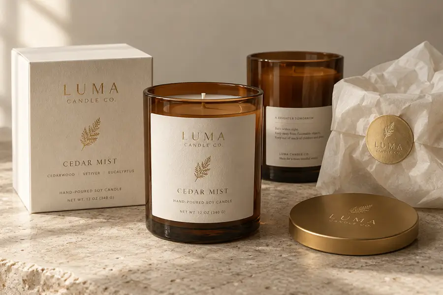 coordinated gold foil candle labels on amber jar