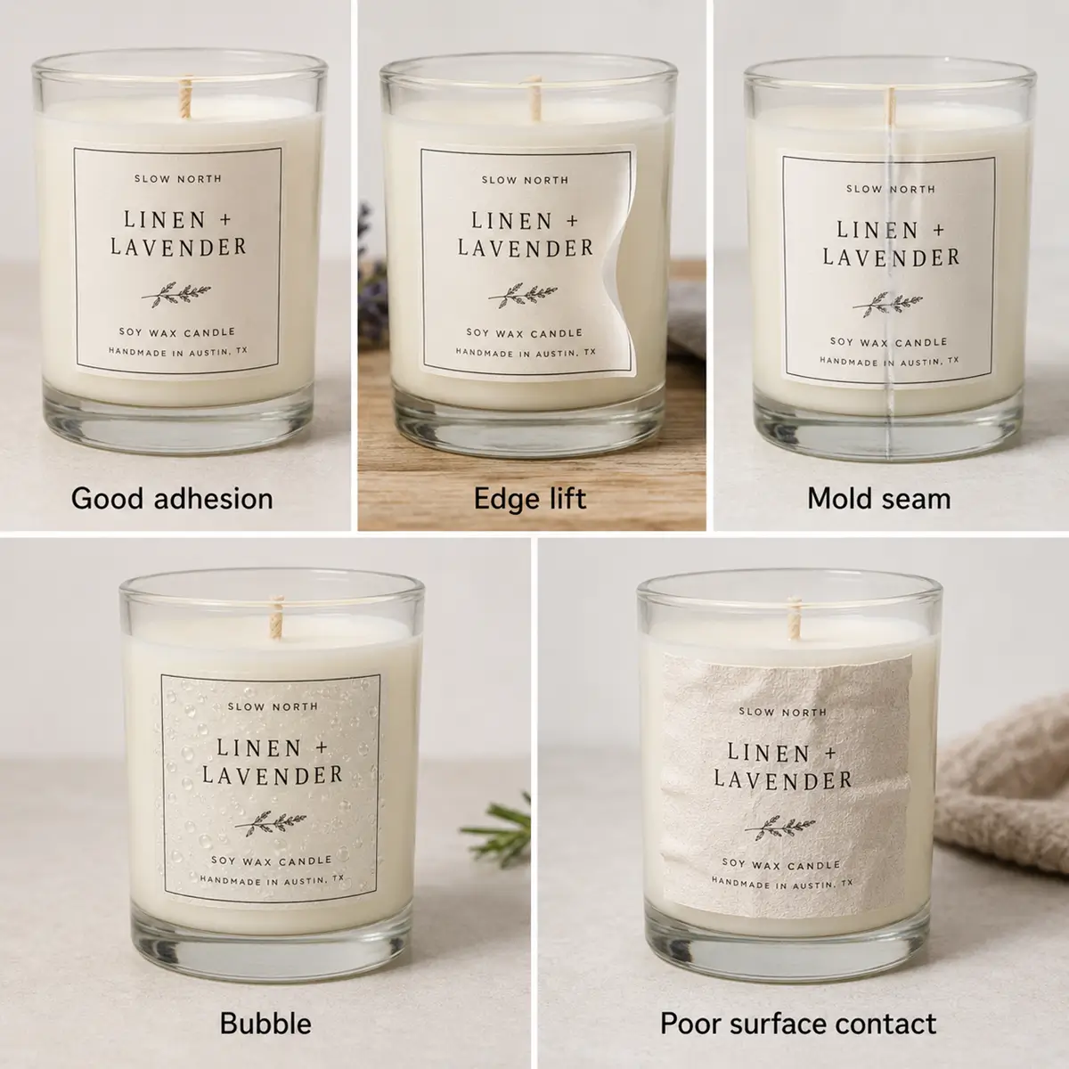 five examples of candle label adhesion problems