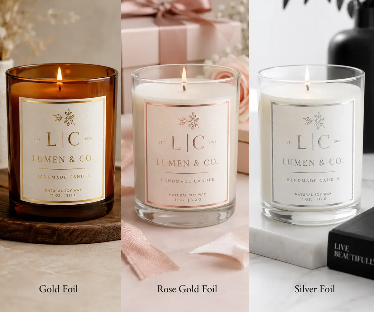 gold foil rose gold foil silver foil compare on candle labels