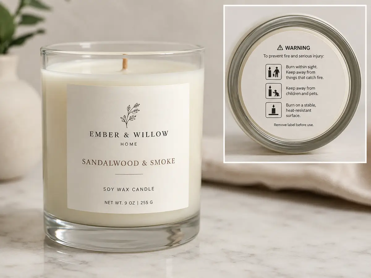 Professional candle branding label with a separate visible safety warning label