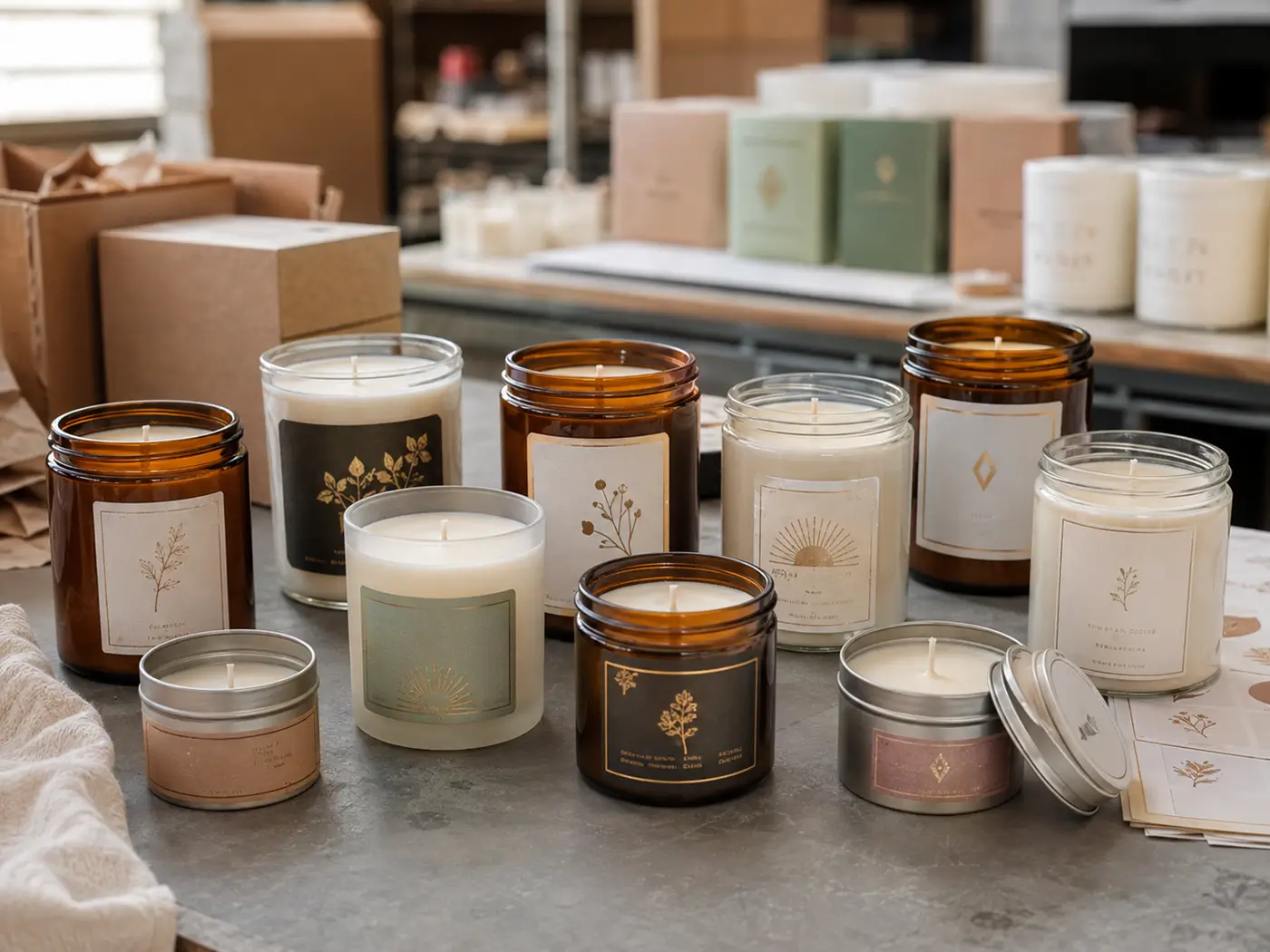 Independent candle brand using custom labels across multiple candle scents