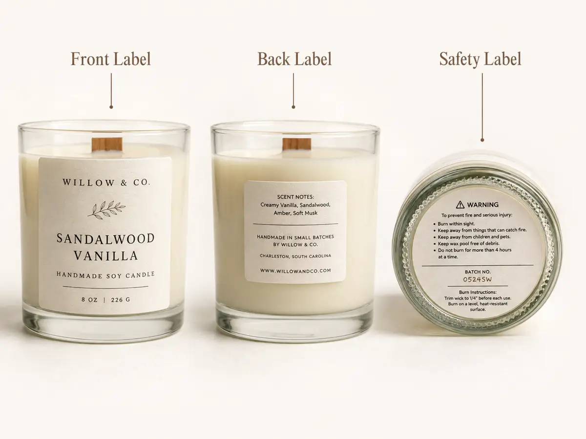 Front, back and bottom information placement on a professional candle label