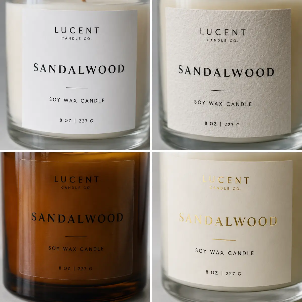 White BOPP, textured paper, clear BOPP and gold foil candle label comparison