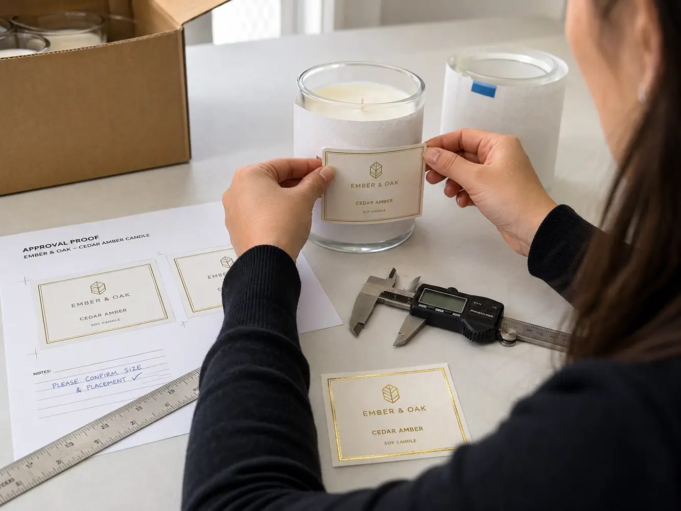 Checking foil label dimensions against the actual product packaging before proof approval