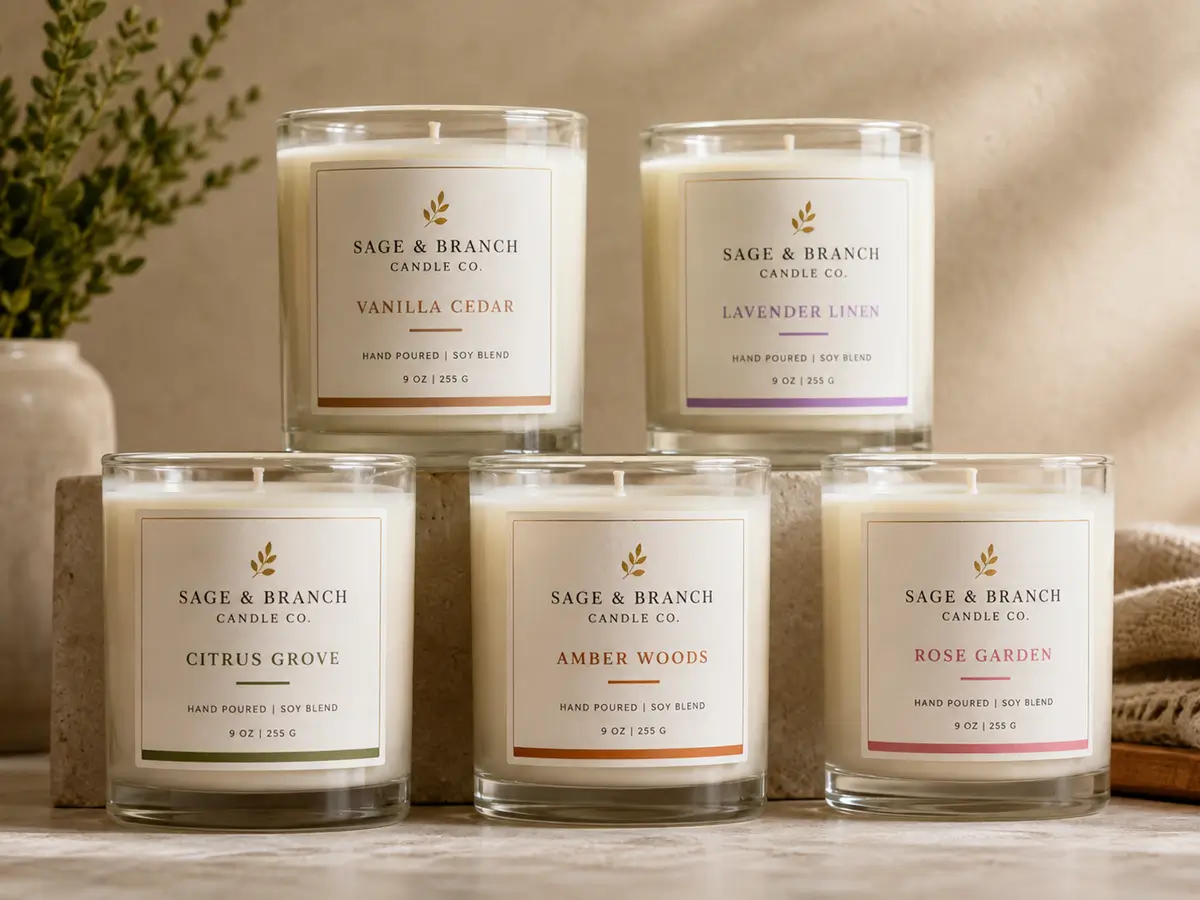 Consistent handmade candle label system across five fragrance variations