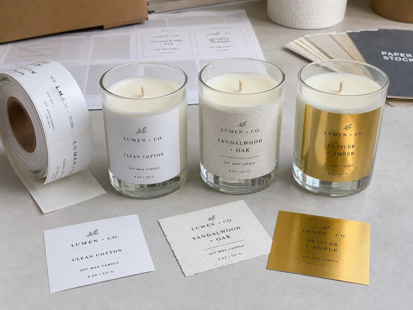 Custom candle labels in BOPP, paper and gold foil finishes