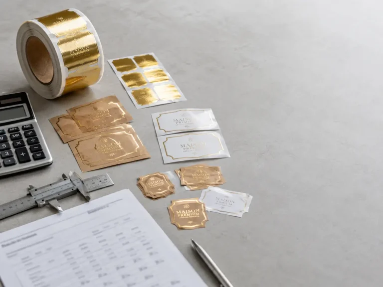 Custom foil label samples, calculator and materials used to compare foil label costs