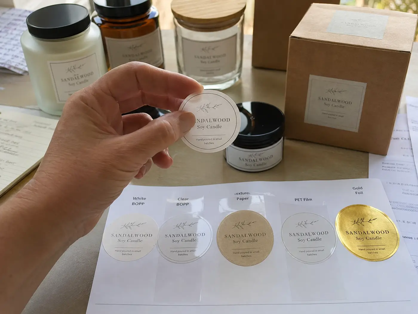 Custom label samples in BOPP, paper, clear film and gold foil for supplier evaluation