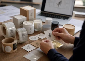 Custom labels from China being evaluated for material, finish and print quality