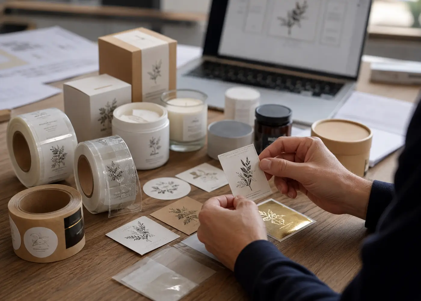Custom labels from China being evaluated for material, finish and print quality