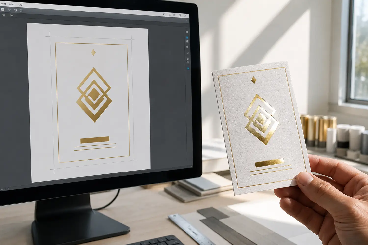 Digital foil label proof compared with a physical gold foil sample under real light