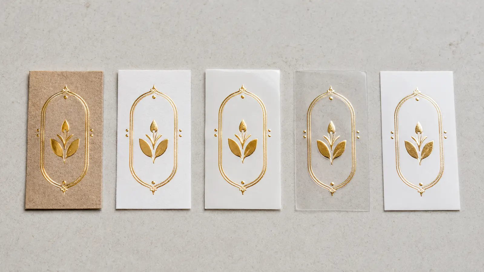 Kraft paper, white paper, BOPP, clear BOPP and PET gold foil label material comparison