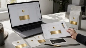 Foil label proof beside finished gold foil labels during pre-production review