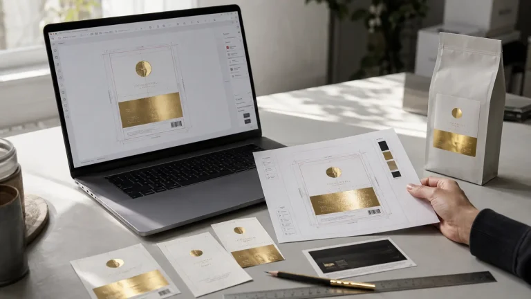 Foil label proof beside finished gold foil labels during pre-production review