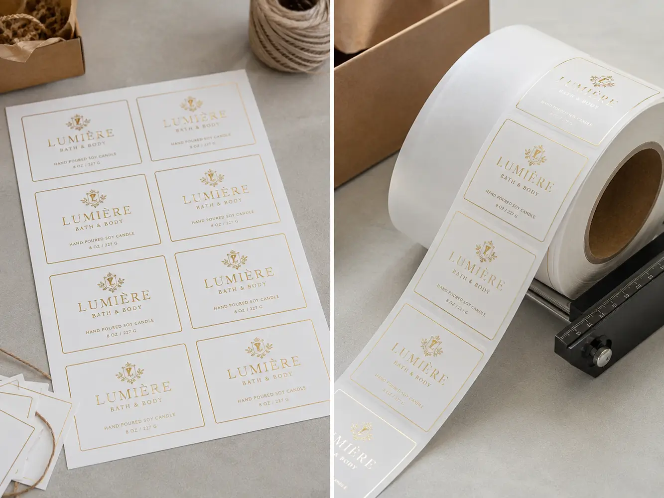 Foil sheet labels and foil roll labels shown side by side for format comparison