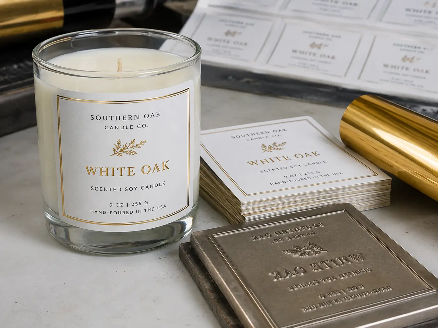 Gold foil candle label with foil stamping plate and metallic foil