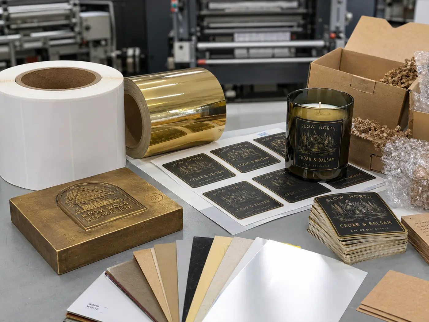 No-minimum small-batch custom gold foil candle labels