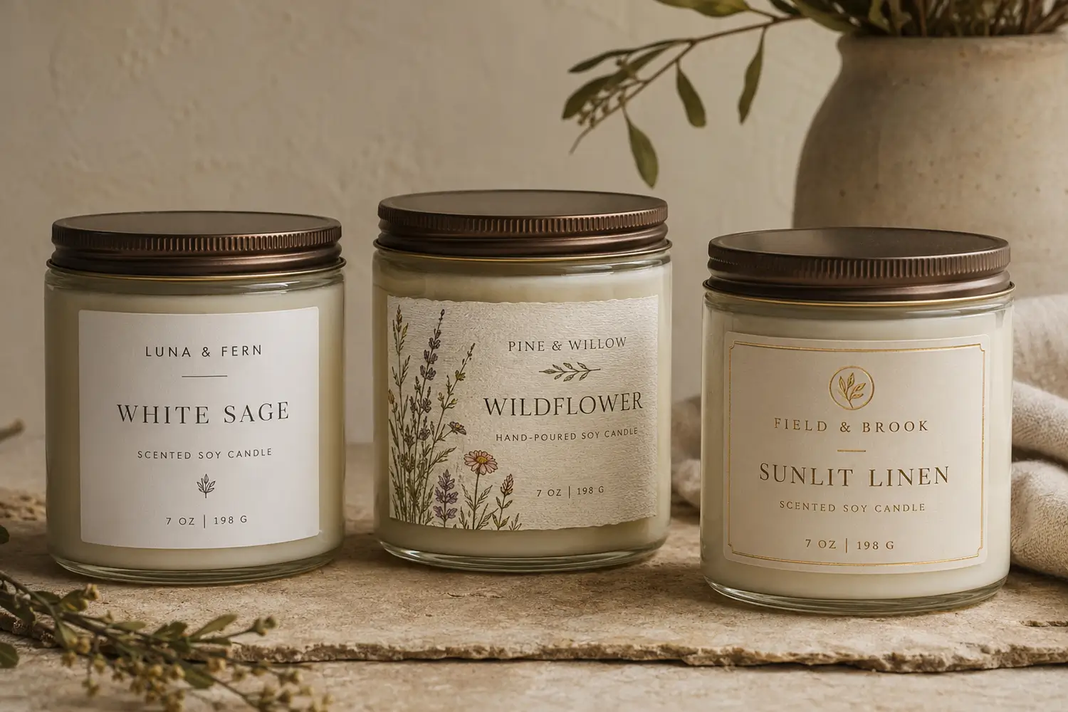 Professional handmade candle labels with clear typography, textured paper and gold foil