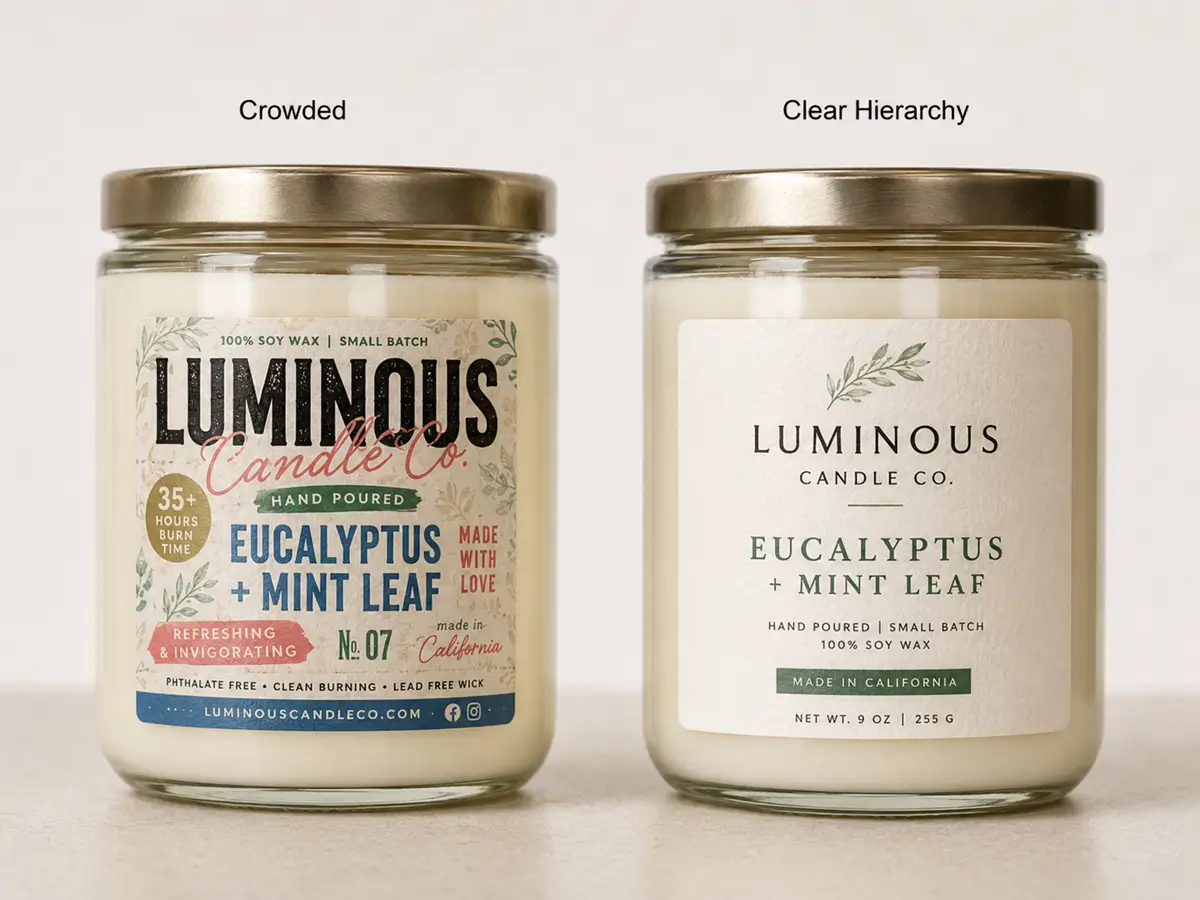 Comparison of crowded and professionally structured handmade candle labels