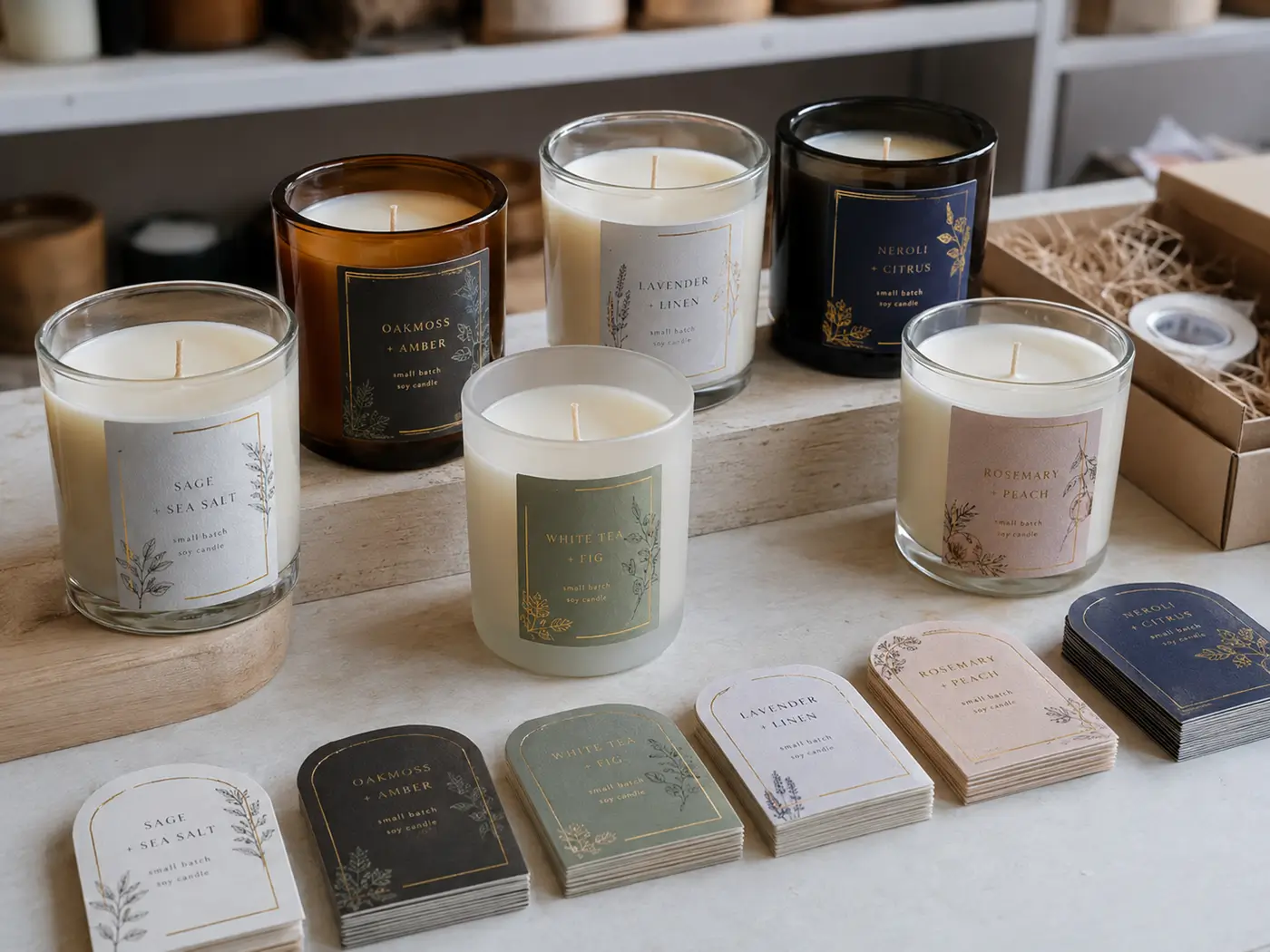 Small-batch multi-SKU foil candle labels for different fragrance collections