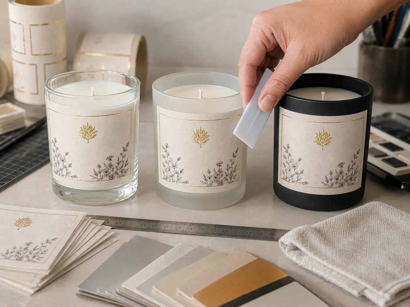 Testing foil candle label adhesion on smooth and frosted glass jars