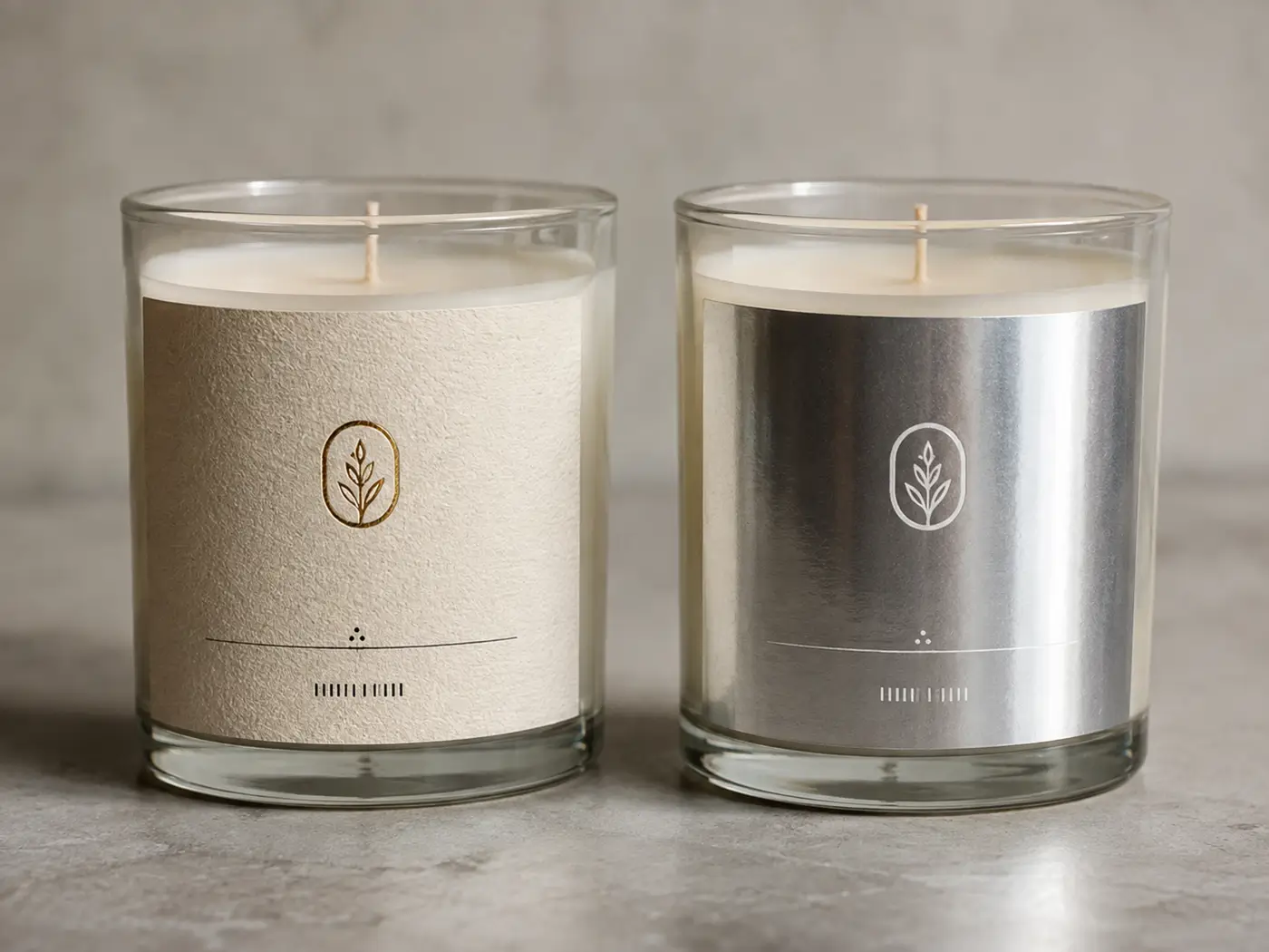 Textured paper hot foil label and metallic PET candle label comparison