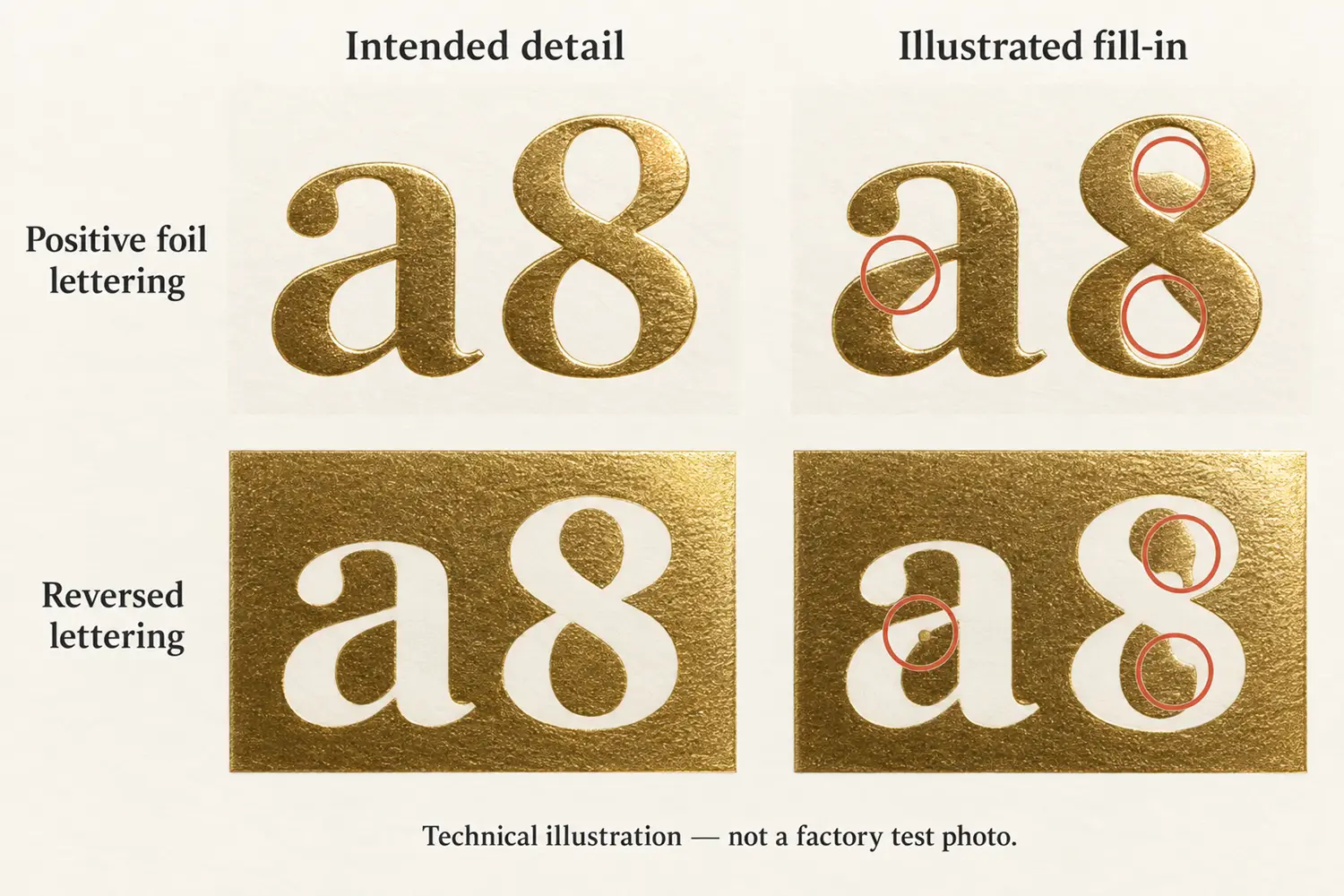 Comparison of intended open details and illustrated foil fill-in in positive and reversed lettering.
