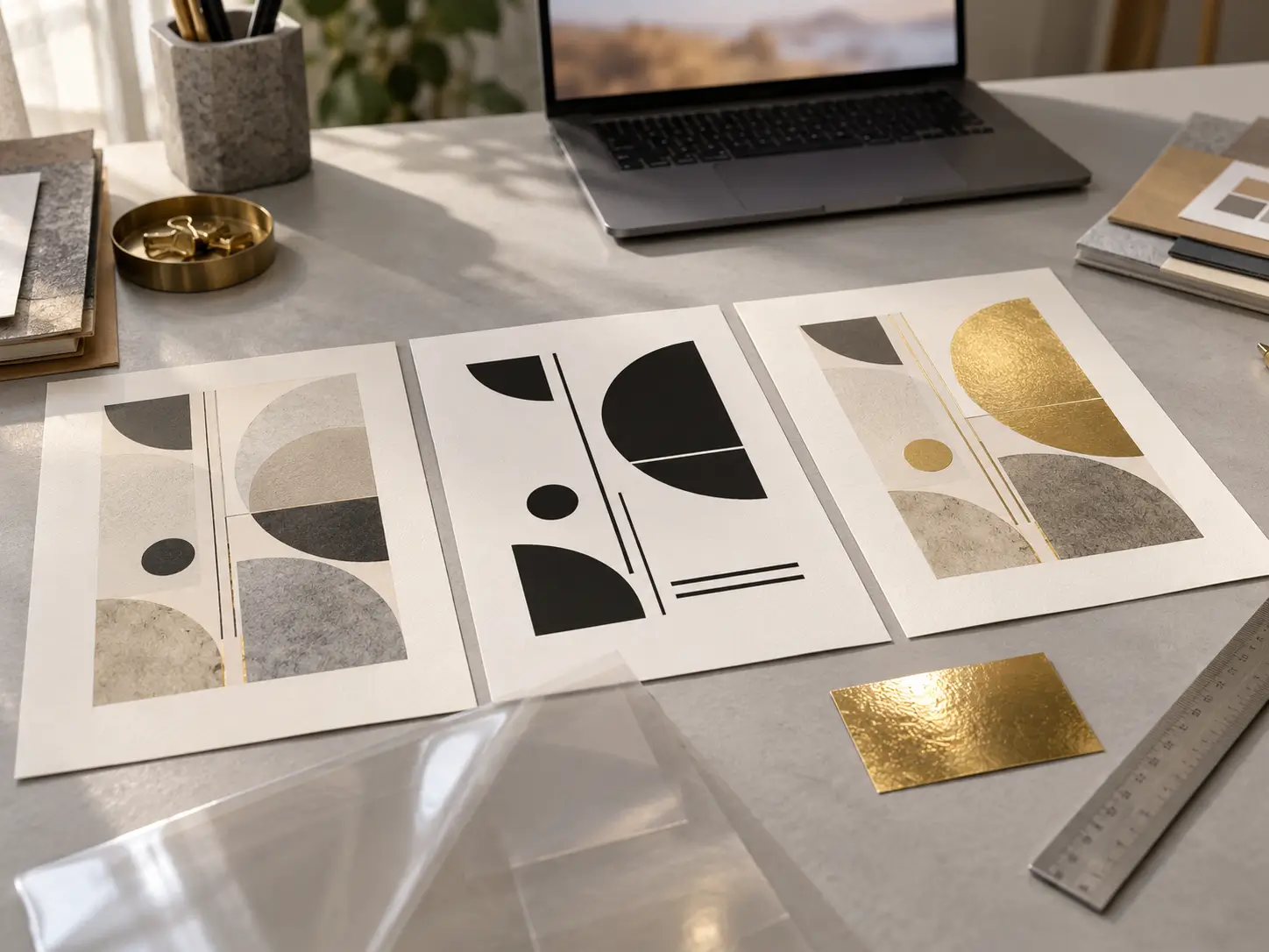 Designer reviewing separate print artwork, foil mask, and composite preview files before submitting a foil label project.