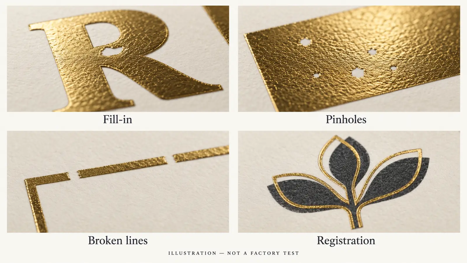 Illustrated examples of foil fill-in, pinholes, broken lines and foil-to-print misregistration.