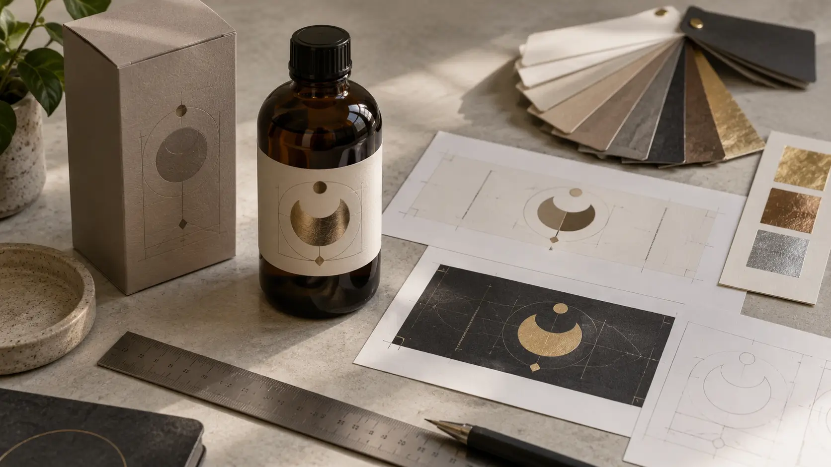 Premium label artwork, packaging sample, and foil design materials prepared for a custom label quote.