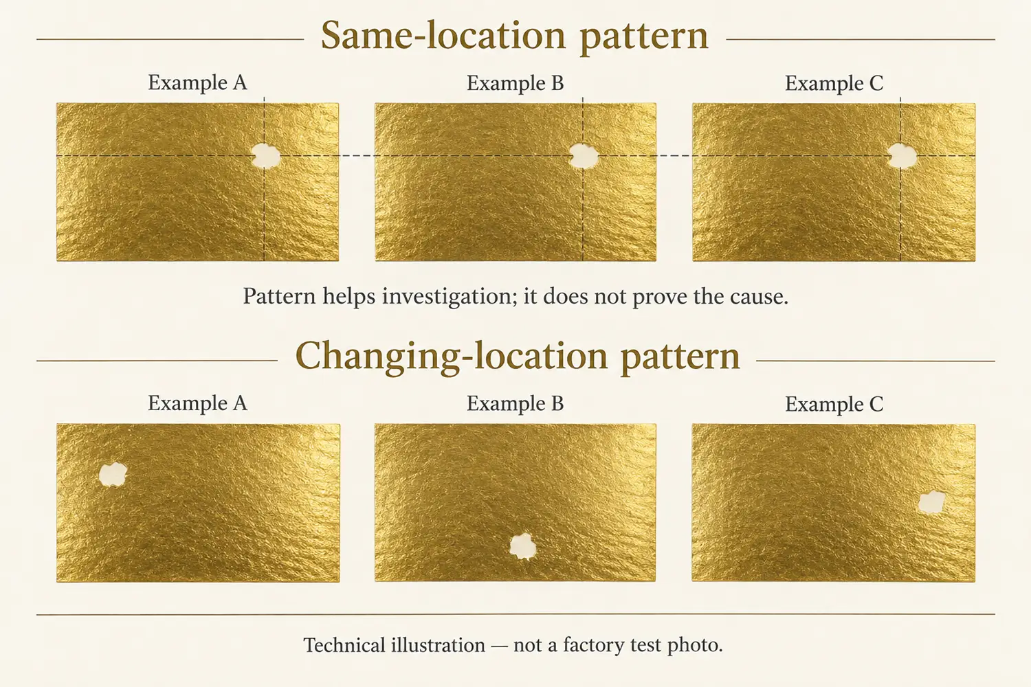 Illustrated foil patches comparing missing spots that repeat at one location with spots that change position.