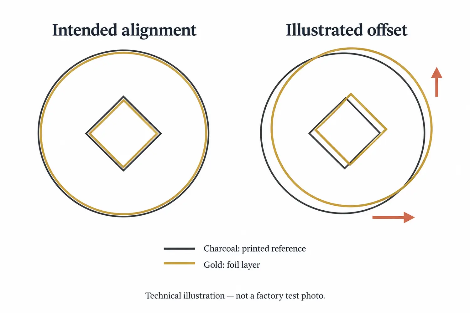 Diagram comparing intended foil-to-print alignment with horizontal and vertical displacement of the gold foil layer.